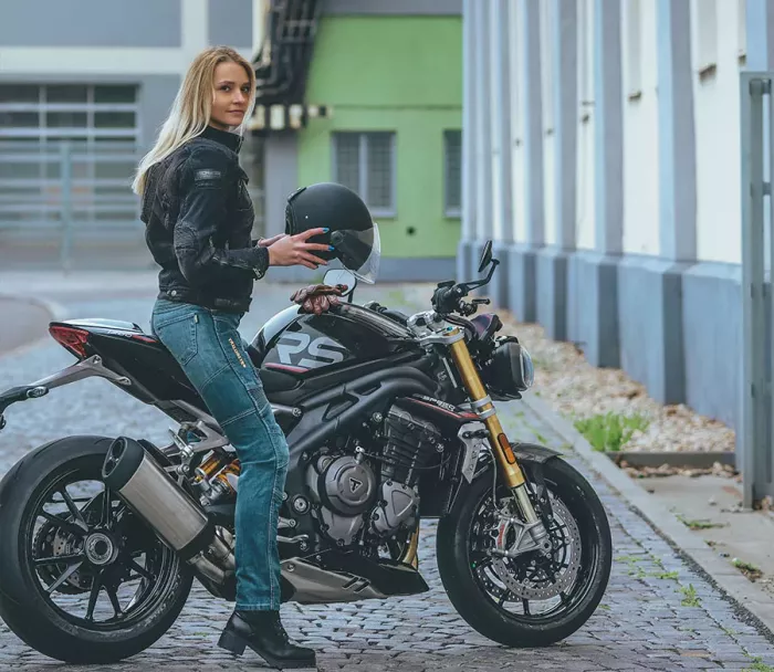 Damskie dżinsy motocyklowe Kevlar Trilobite Parado slim fit długie niebieskie poziom 2 rozmiar 32